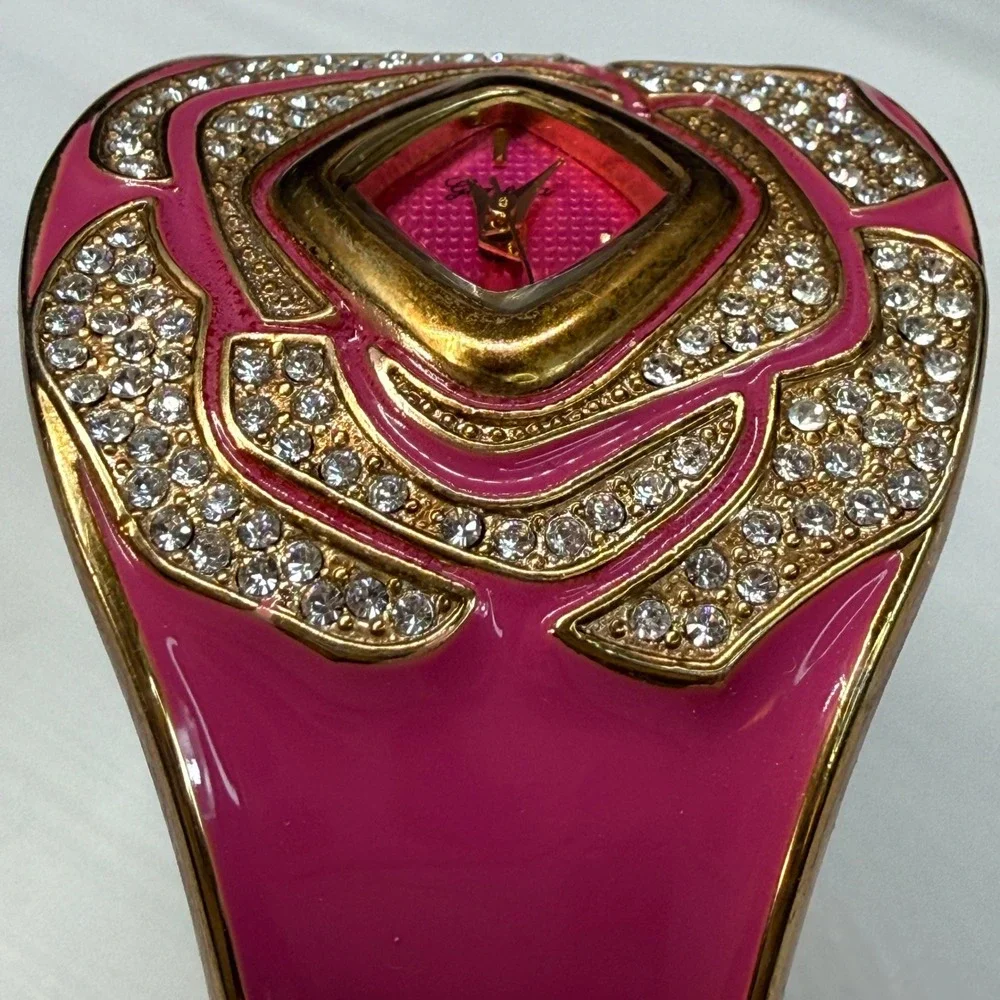 Geneva Platinum Pink Enamel Rhinestone Floral Cuff Watch 8663 Gold Tone